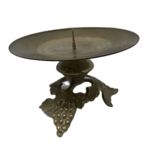 Vintage Brass Pillar Candle Holder Grape Vine 4”H 6.5”W Cottage Retro - Picture 1 of 11